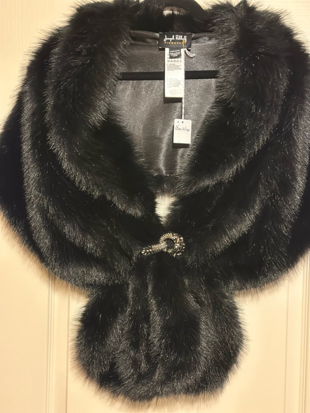 Joseph Ribkoff Black Faux Fur Shawl with Decorative Brooch